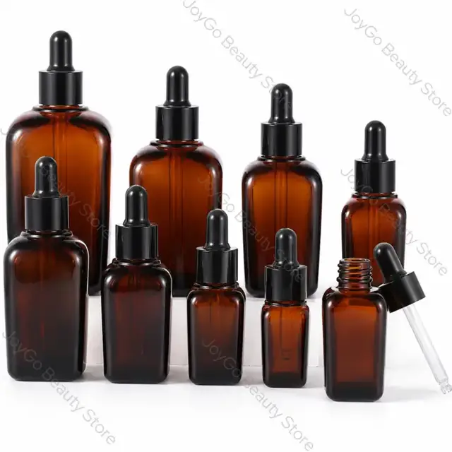 Amber Square Glass Dropper Bottles